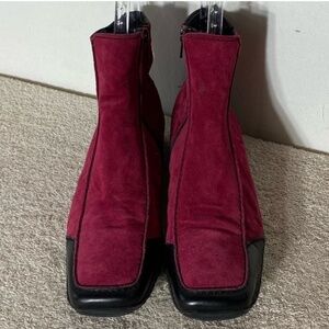 K Shoes Deep Red Suede Square Toe Ankle Boots Booties UK6
